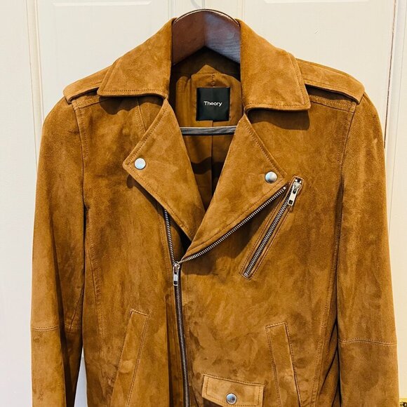 Theory Jackets & Blazers - Theory Suede Goat Leather Womens Cognac Brown Tan Bike Jacket Coat Size Small